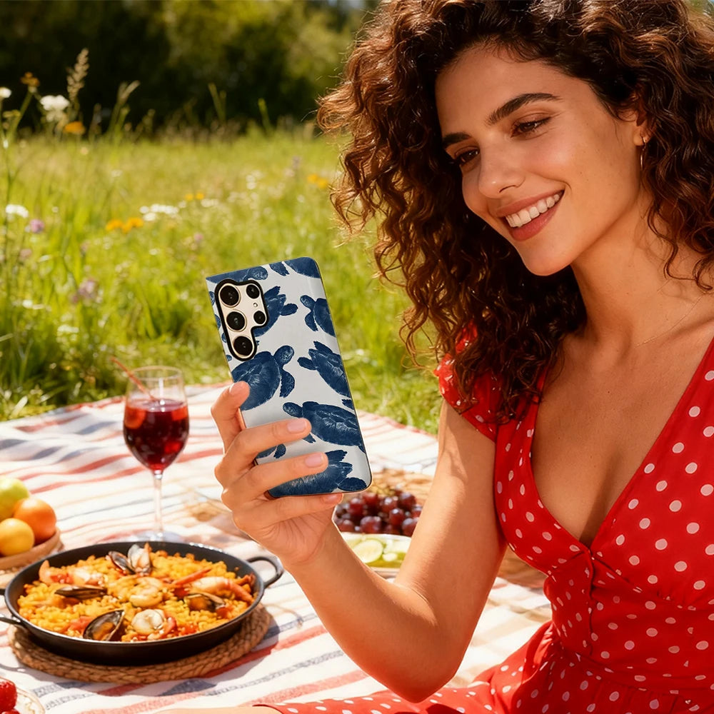 Navy Blue Turtles Phone Case for Samsung Galaxy S25 Ultra S24 S23 Ultra Plus Glossy Double-layer Back Cover