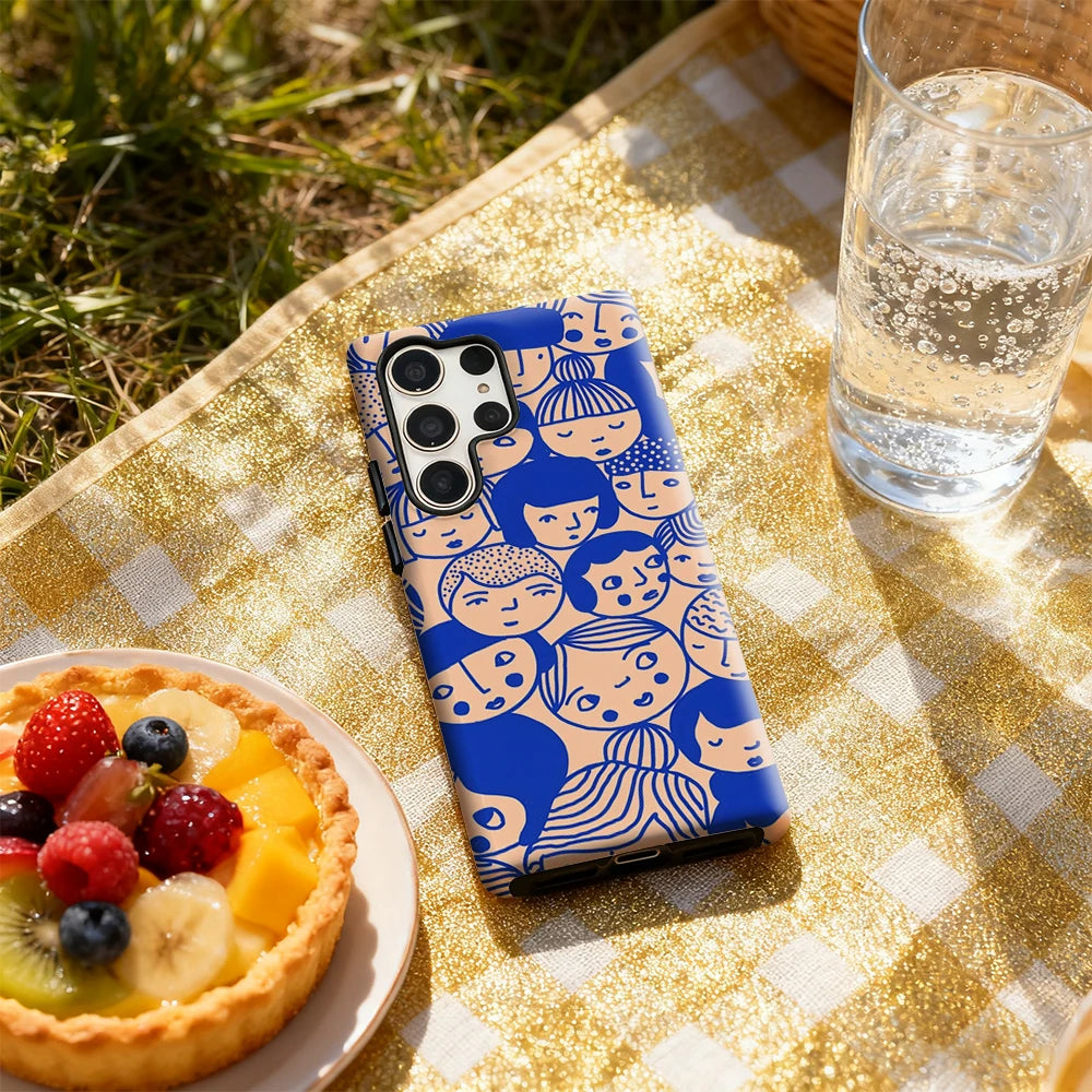 Blue - Lined Cartoon Faces Phone Case for Samsung Galaxy S25 Ultra S24 S23 Ultra Plus Glossy Double-layer Back Cover