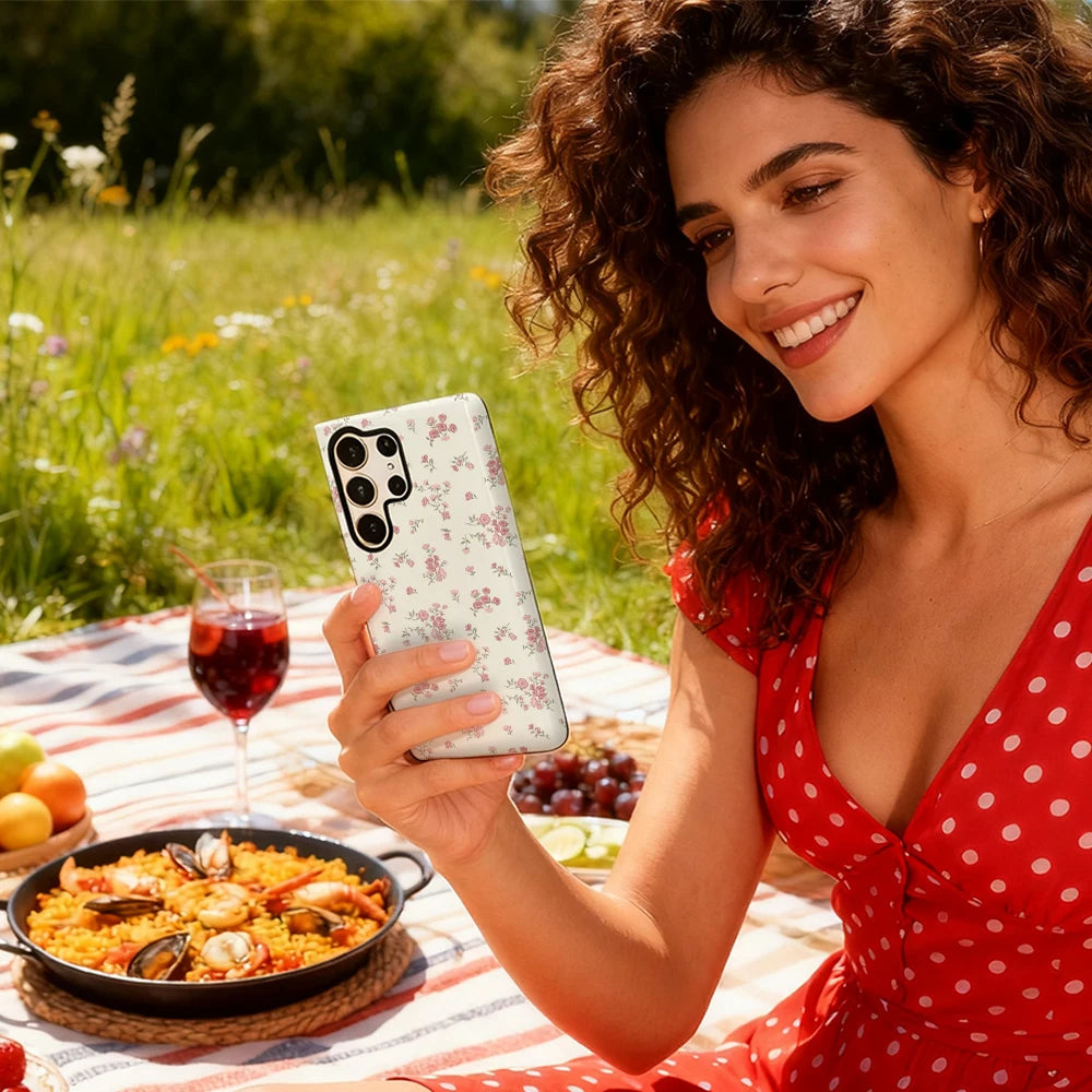 Cream Pink FlowersPhone Case for Samsung Galaxy S25 Ultra S24 S23 Ultra Plus Glossy Double-layer Back Cover