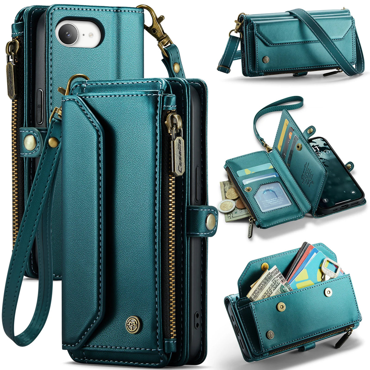 Case for iPhone 17 16e 16 15 14 13 12 11 Pro Max Leather Strap Zipper Card Holder Phone Wallet  Case
