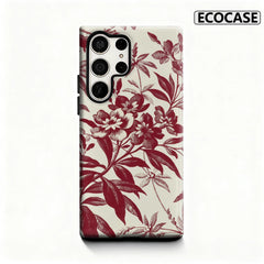 Burgundy Floral Print Phone Case for Samsung Galaxy S25 Ultra S24 S23 Ultra Plus Glossy Double-layer Back Cover