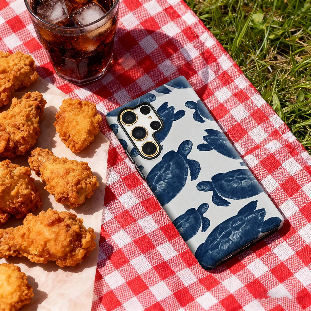 Navy Blue Turtles Phone Case for Samsung Galaxy S25 Ultra S24 S23 Ultra Plus Glossy Double-layer Back Cover