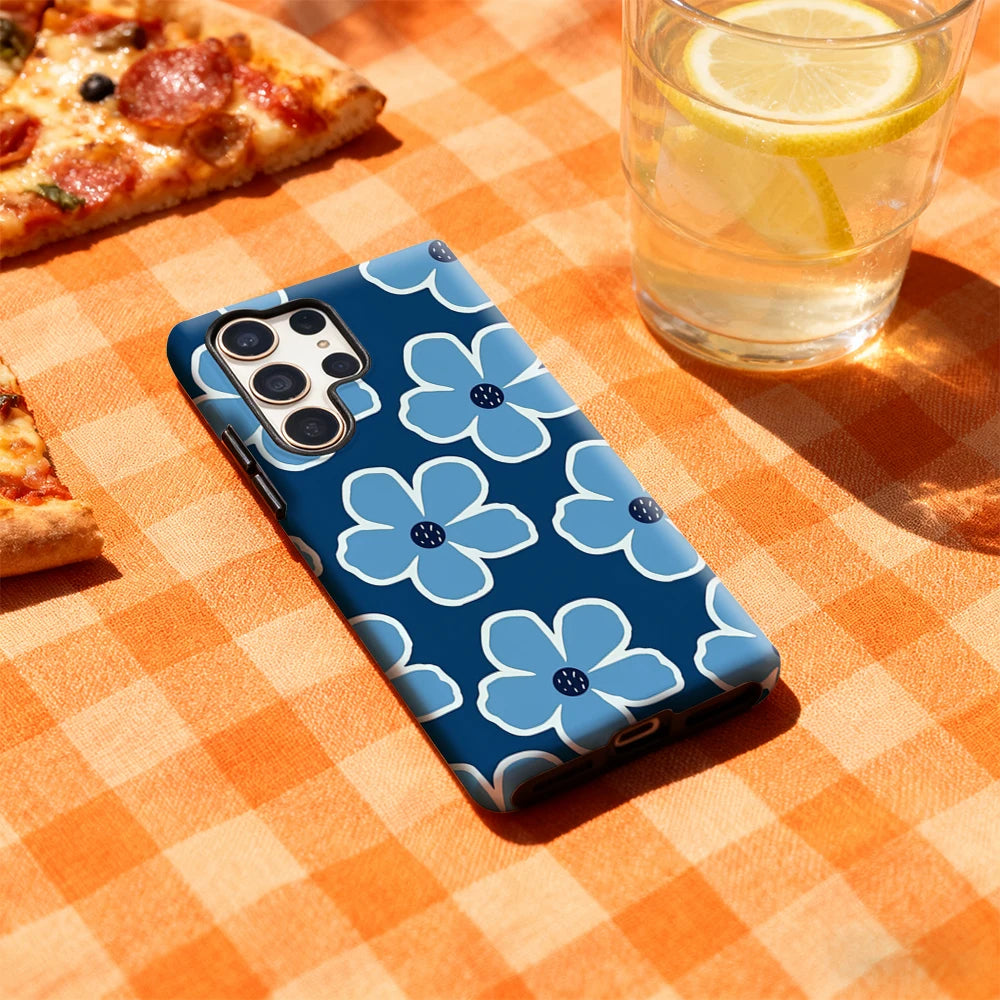 Modern Blue Floral Pattern Phone Case for Samsung Galaxy S25 Ultra S24 S23 Ultra Plus Glossy Double-layer Back Cover