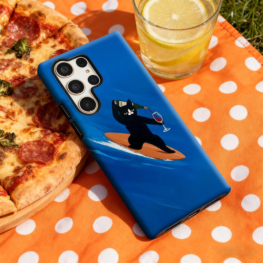 Surfing Cat with Wine Phone Case for Samsung Galaxy S25 Ultra S24 S23 Ultra Plus Glossy Double-layer Back Cover