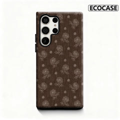 Brown Floral Embroidery Phone Case for Samsung Galaxy S25 Ultra S24 S23 Ultra Plus Glossy Double-layer Back Cover