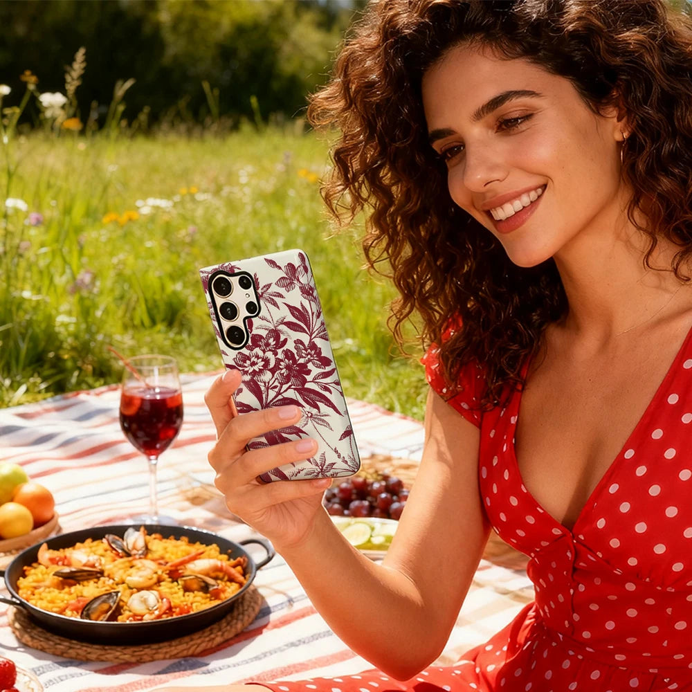 Burgundy Floral Print Phone Case for Samsung Galaxy S25 Ultra S24 S23 Ultra Plus Glossy Double-layer Back Cover