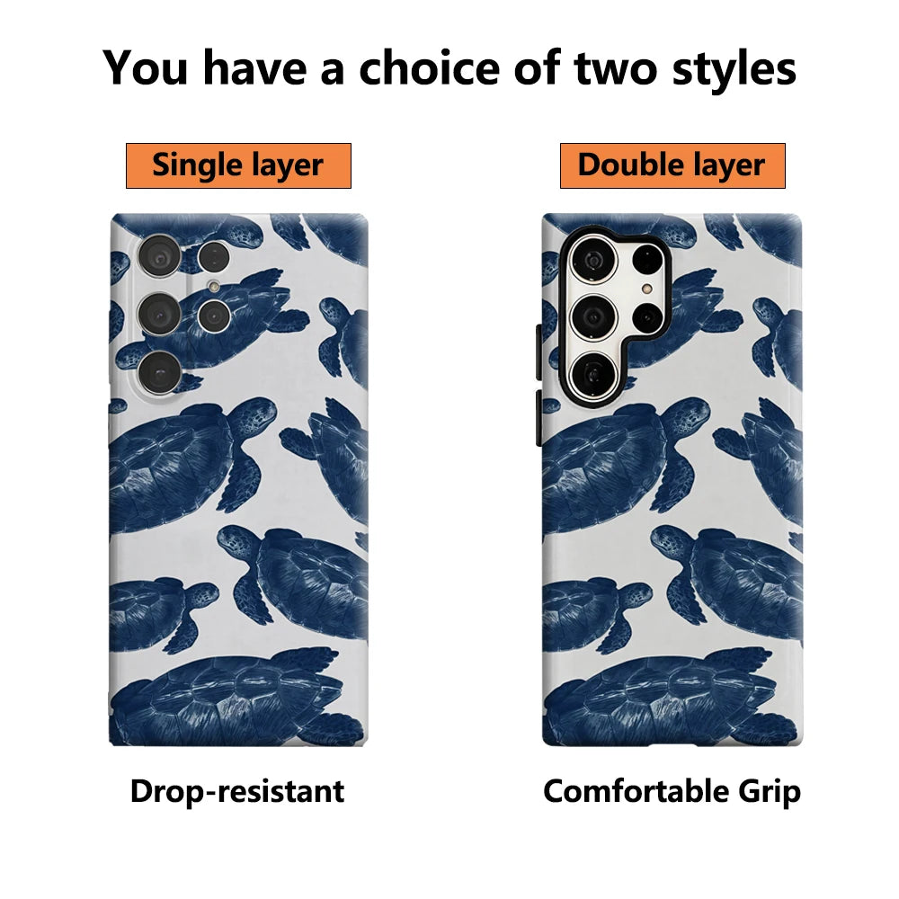 Navy Blue Turtles Phone Case for Samsung Galaxy S25 Ultra S24 S23 Ultra Plus Glossy Double-layer Back Cover