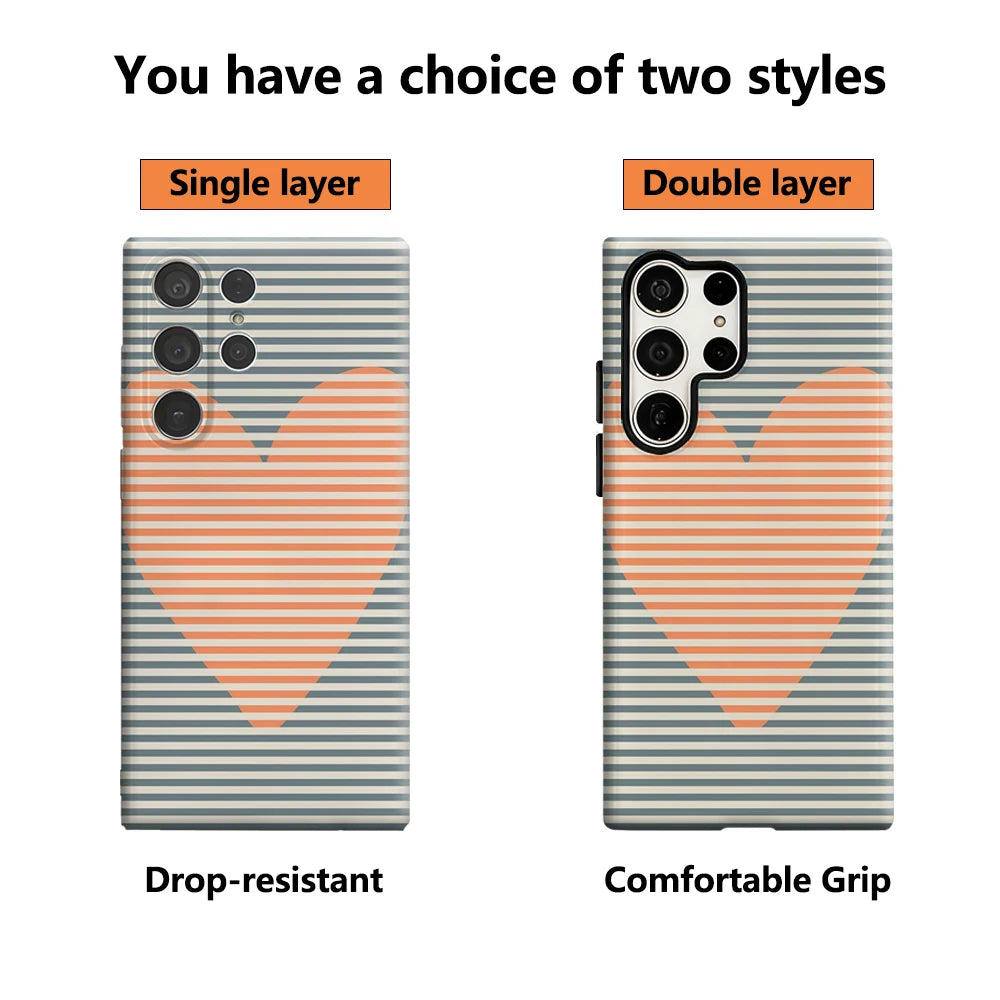 Minimalist Heart & Stripes Phone Case for Samsung Galaxy S25 Ultra S24 S23 Ultra Plus Glossy Double-layer Back Cover