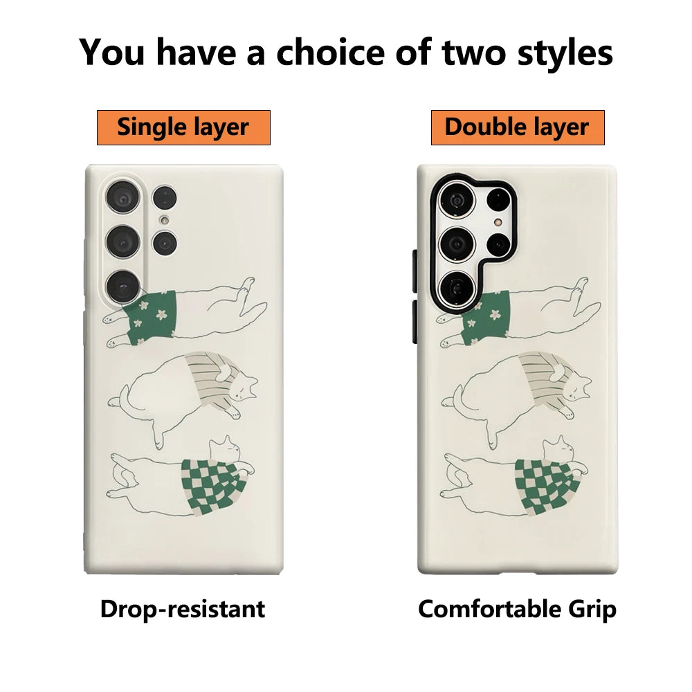 Lazy Cats in Stylish Outfits Phone Case for Samsung Galaxy S25 Ultra S24 S23 Ultra Plus Glossy Double-layer Back Cover