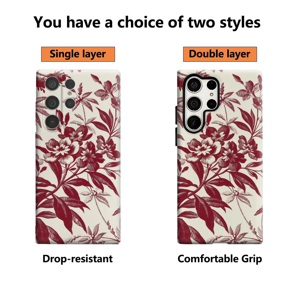 Burgundy Floral Print Phone Case for Samsung Galaxy S25 Ultra S24 S23 Ultra Plus Glossy Double-layer Back Cover