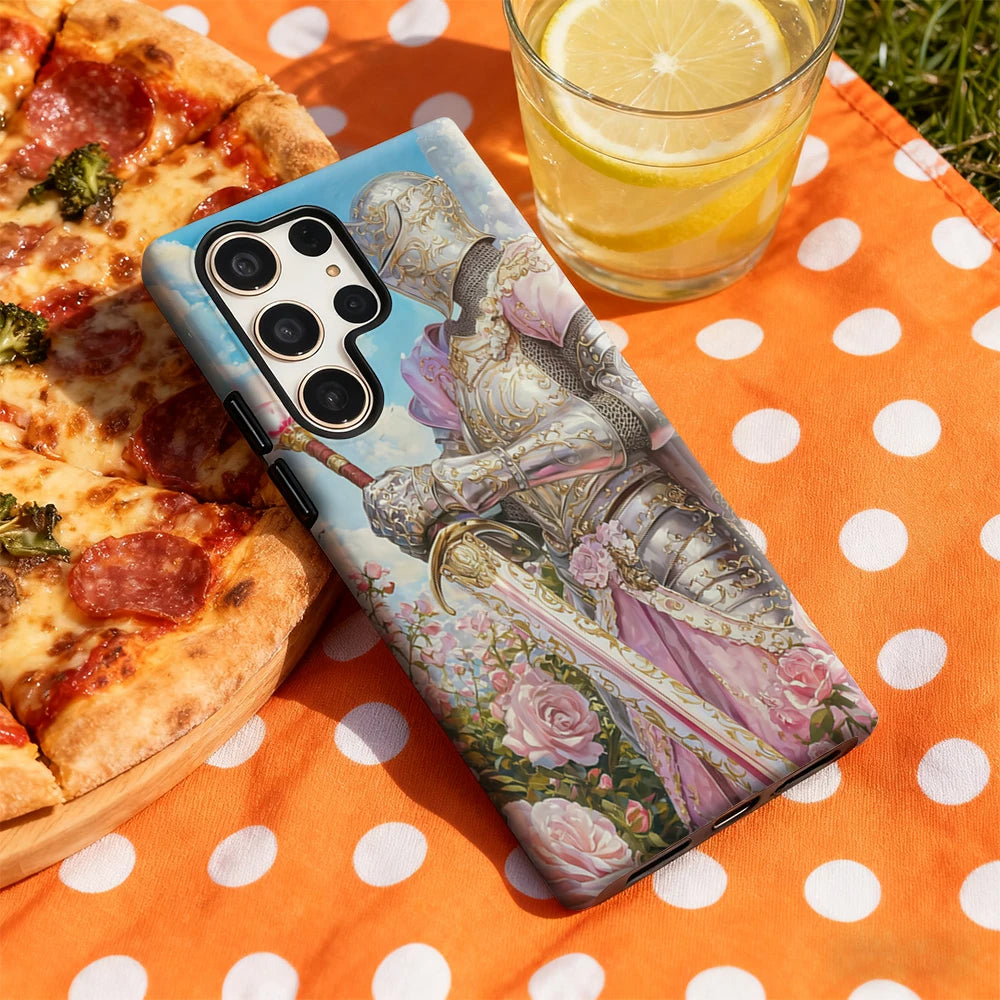 Knight in Rose Garden Phone Case for Samsung Galaxy S25 Ultra S24 S23 Ultra Plus Glossy Double-layer Back Cover