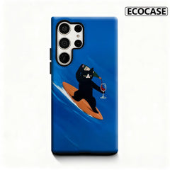 Surfing Cat with Wine Phone Case for Samsung Galaxy S25 Ultra S24 S23 Ultra Plus Glossy Double-layer Back Cover