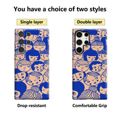 Blue - Lined Cartoon Faces Phone Case for Samsung Galaxy S25 Ultra S24 S23 Ultra Plus Glossy Double-layer Back Cover