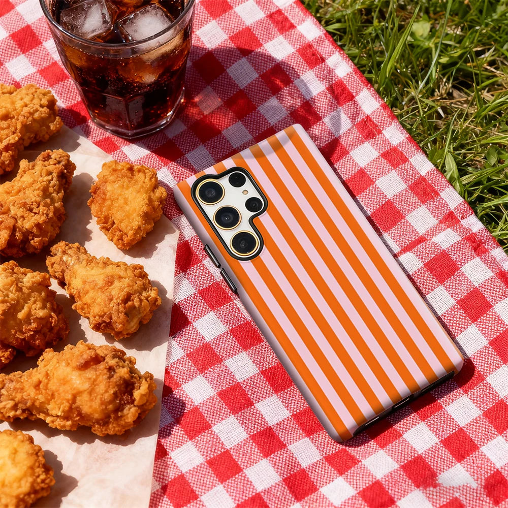 Bold Orange & Pink Stripes Phone Case for Samsung Galaxy S25 Ultra S24 S23 Ultra Plus Glossy Double-layer Back Cover