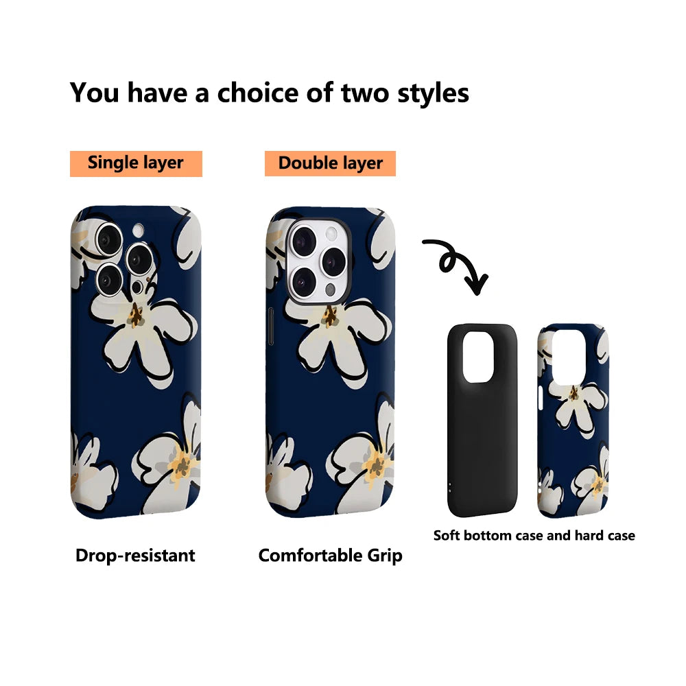 Navy Blue Floral IPhone17 Must-Haves Phone Case for IPhone 17 16 15 14 13 12 11 Pro Max Plus Double-layer Back Cover