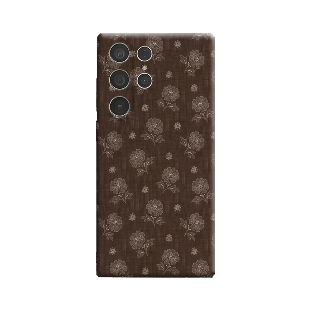 Brown Floral Embroidery Phone Case for Samsung Galaxy S25 Ultra S24 S23 Ultra Plus Glossy Double-layer Back Cover