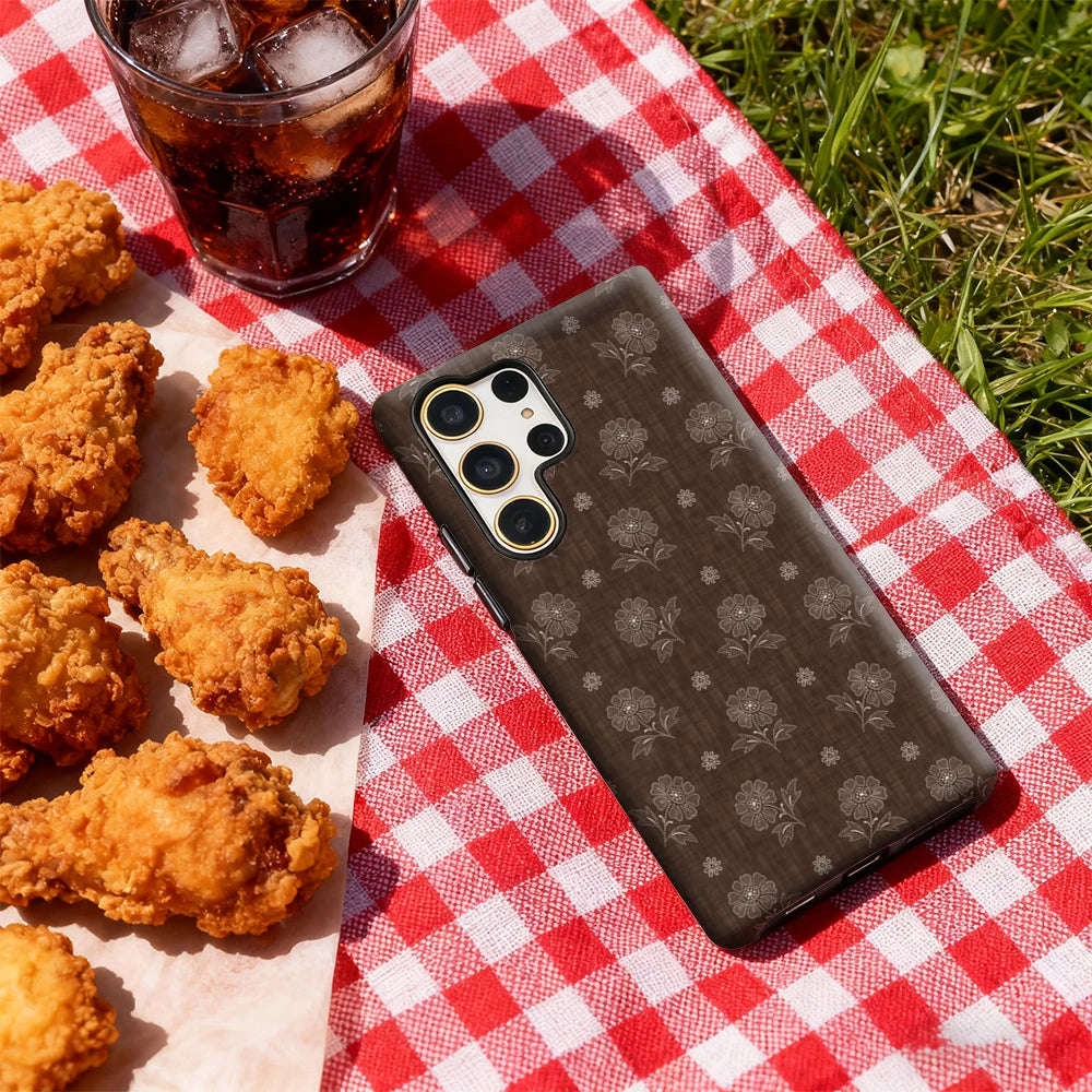 Brown Floral Embroidery Phone Case for Samsung Galaxy S25 Ultra S24 S23 Ultra Plus Glossy Double-layer Back Cover