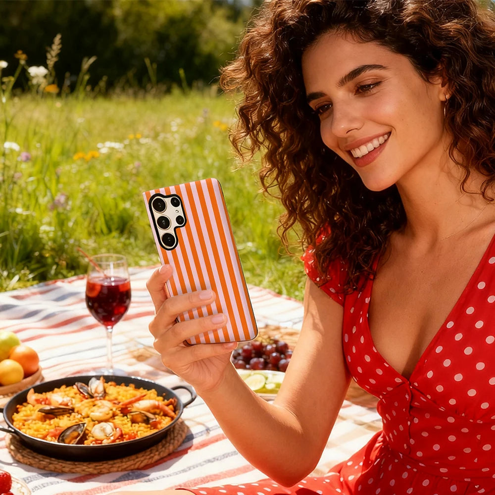 Bold Orange & Pink Stripes Phone Case for Samsung Galaxy S25 Ultra S24 S23 Ultra Plus Glossy Double-layer Back Cover