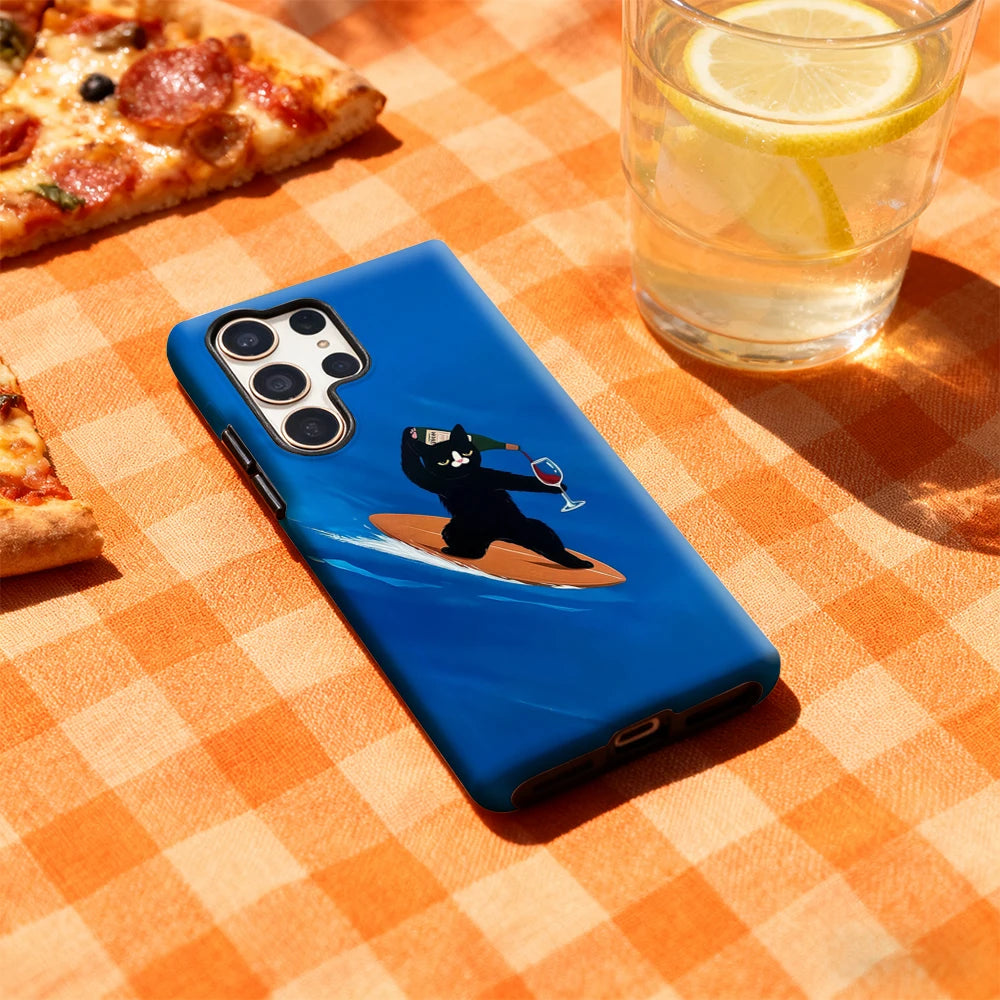 Surfing Cat with Wine Phone Case for Samsung Galaxy S25 Ultra S24 S23 Ultra Plus Glossy Double-layer Back Cover