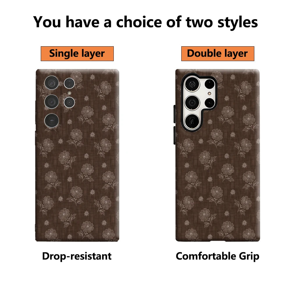 Brown Floral Embroidery Phone Case for Samsung Galaxy S25 Ultra S24 S23 Ultra Plus Glossy Double-layer Back Cover
