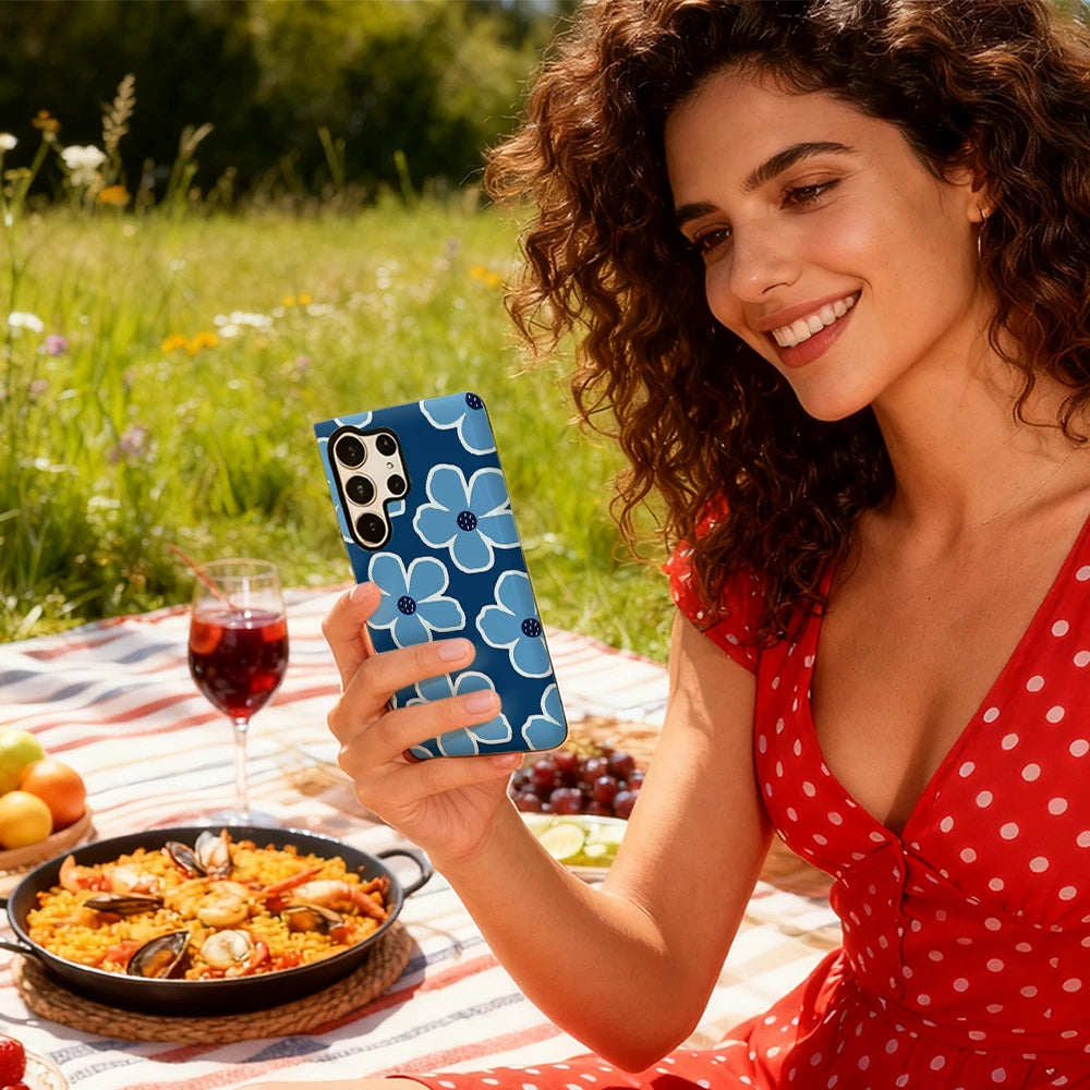 Modern Blue Floral Pattern Phone Case for Samsung Galaxy S25 Ultra S24 S23 Ultra Plus Glossy Double-layer Back Cover