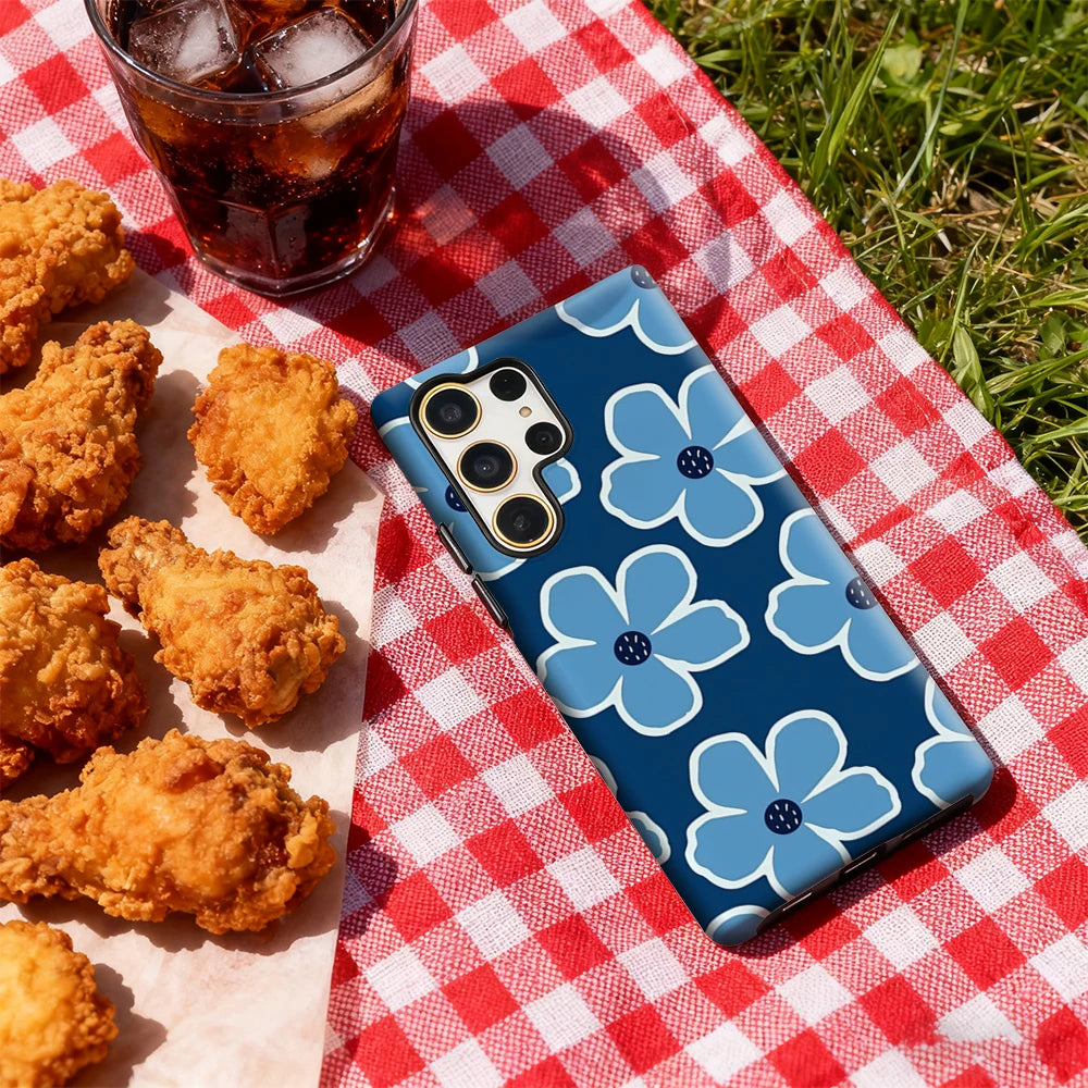 Modern Blue Floral Pattern Phone Case for Samsung Galaxy S25 Ultra S24 S23 Ultra Plus Glossy Double-layer Back Cover