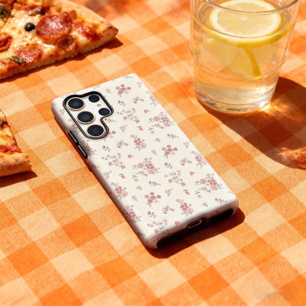 Cream Pink FlowersPhone Case for Samsung Galaxy S25 Ultra S24 S23 Ultra Plus Glossy Double-layer Back Cover