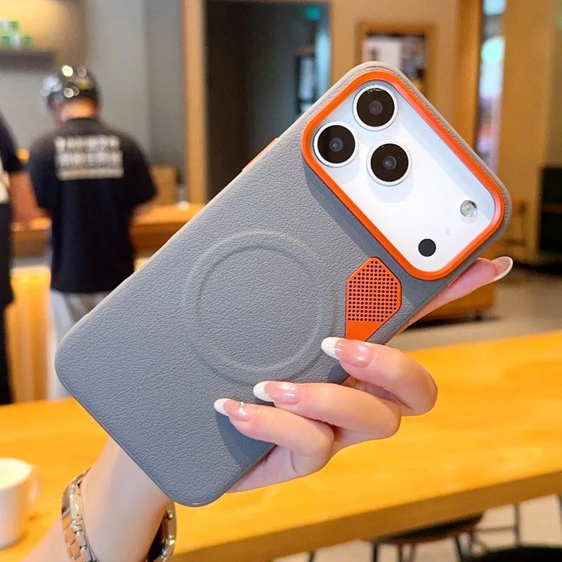 Business Magnetic Magsafe Phone Case For iPhone 17 Pro Max 17Pro 17Air High Quality PU Leather CPU Heat Dissipation Vent Cover