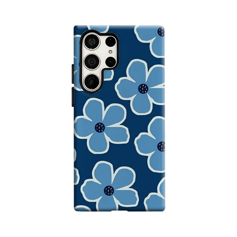 Modern Blue Floral Pattern Phone Case for Samsung Galaxy S25 Ultra S24 S23 Ultra Plus Glossy Double-layer Back Cover