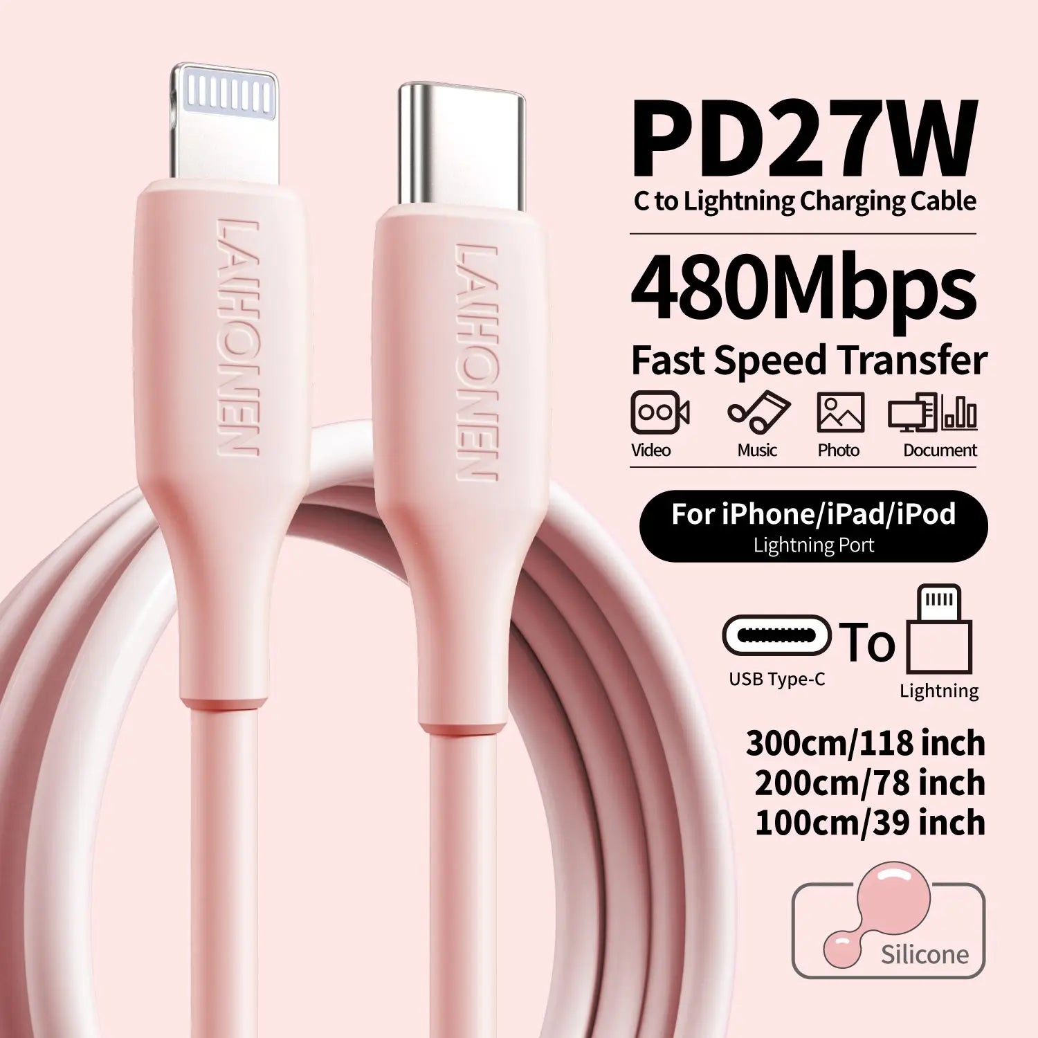 27W PD Fast Charging Cable USB-C to Lightning Silicone Data Cable in Macaron Pink, Soft Flexible for iPhone 14 13 12 11 Pro Max