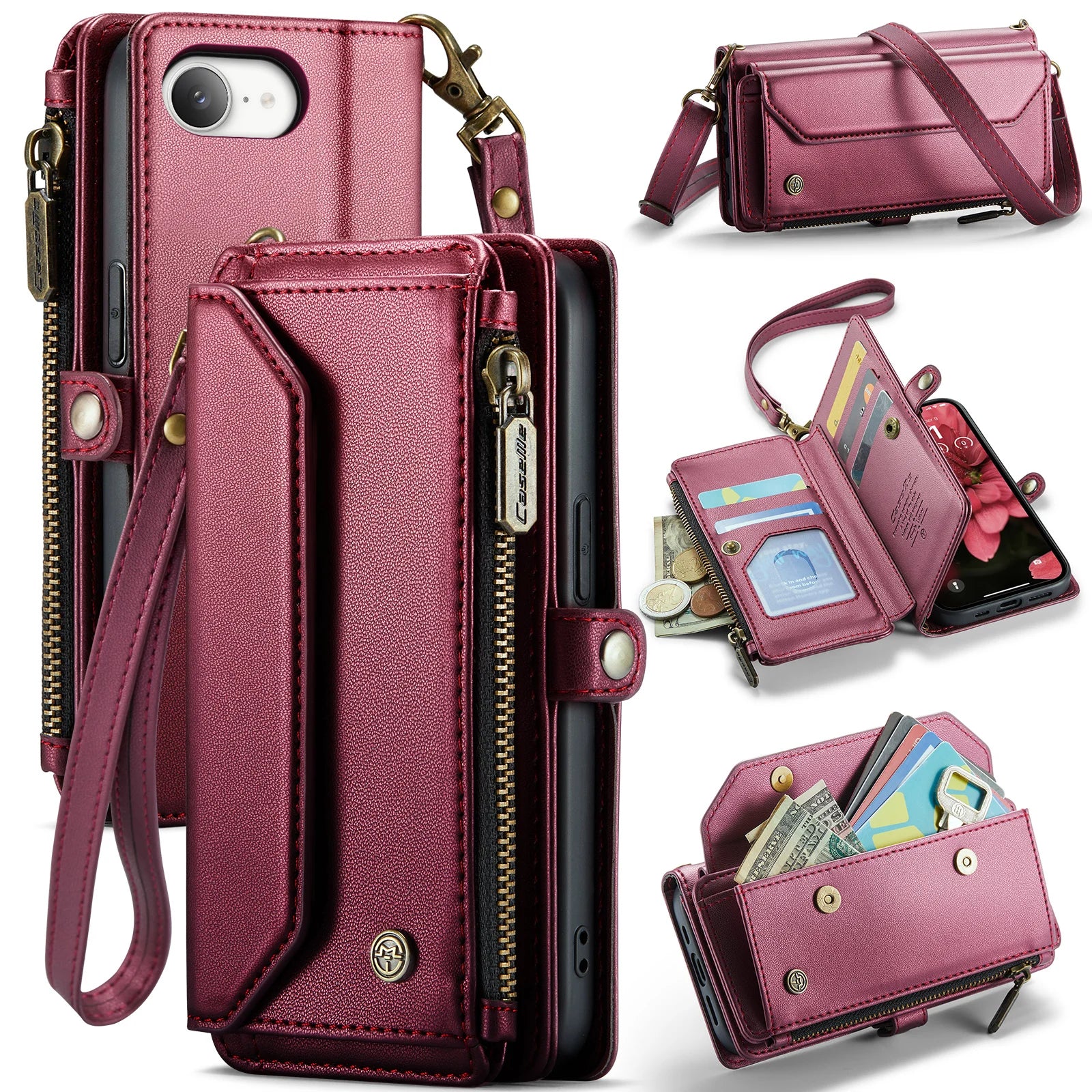 Case for iPhone 17 16e 16 15 14 13 12 11 Pro Max Leather Strap Zipper Card Holder Phone Wallet  Case