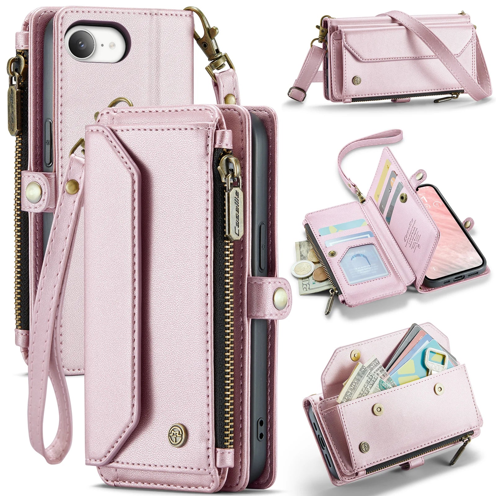 Case for iPhone 17 16e 16 15 14 13 12 11 Pro Max Leather Strap Zipper Card Holder Phone Wallet  Case