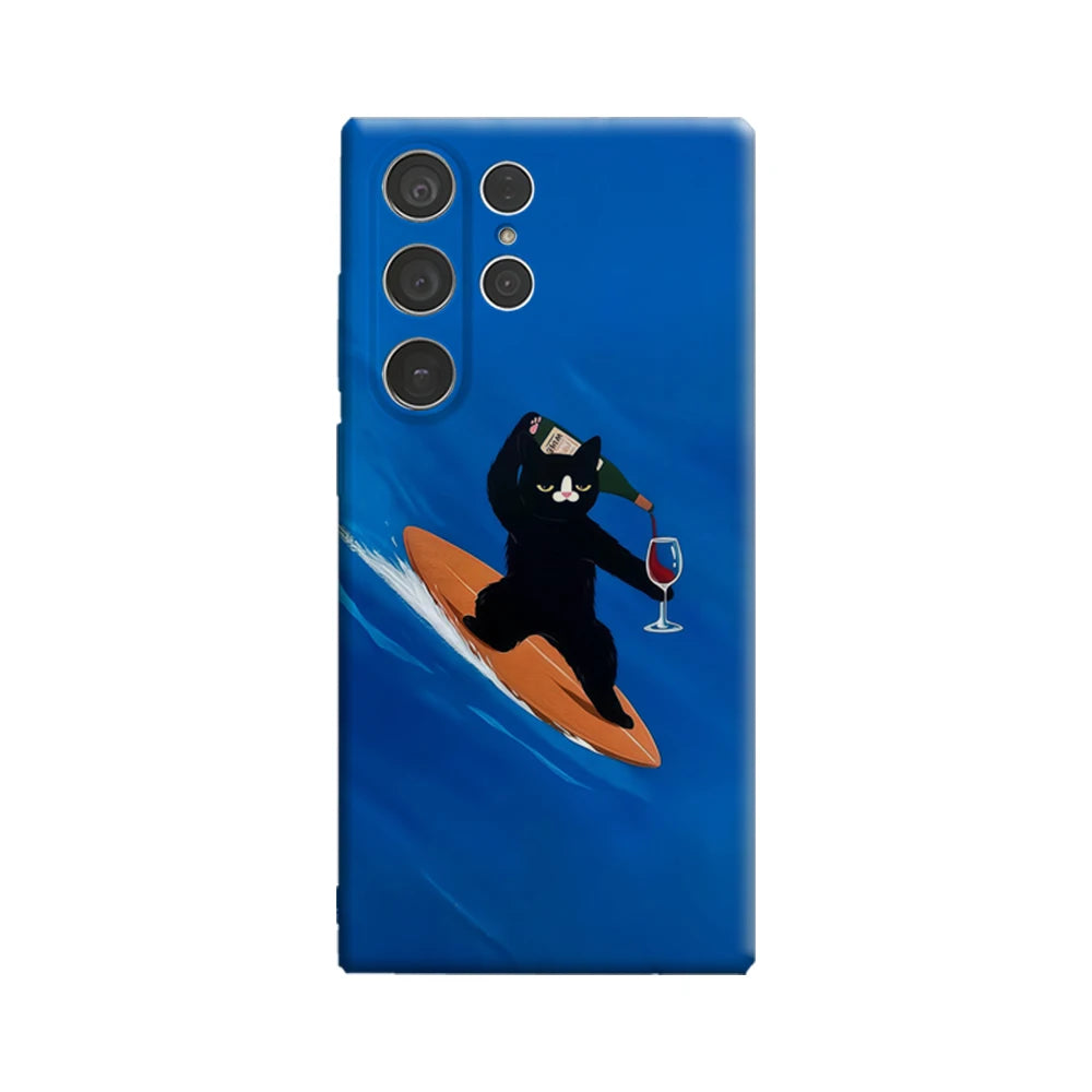 Surfing Cat with Wine Phone Case for Samsung Galaxy S25 Ultra S24 S23 Ultra Plus Glossy Double-layer Back Cover