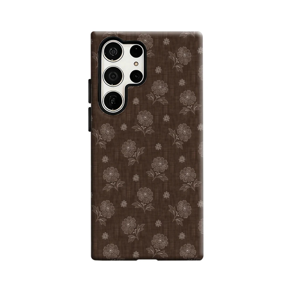 Brown Floral Embroidery Phone Case for Samsung Galaxy S25 Ultra S24 S23 Ultra Plus Glossy Double-layer Back Cover