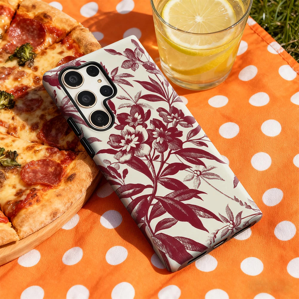 Burgundy Floral Print Phone Case for Samsung Galaxy S25 Ultra S24 S23 Ultra Plus Glossy Double-layer Back Cover